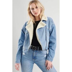 Garage Woman Blue Denim Sherpa Aviator Crop Jean Jacket MEDIUM Boho Country